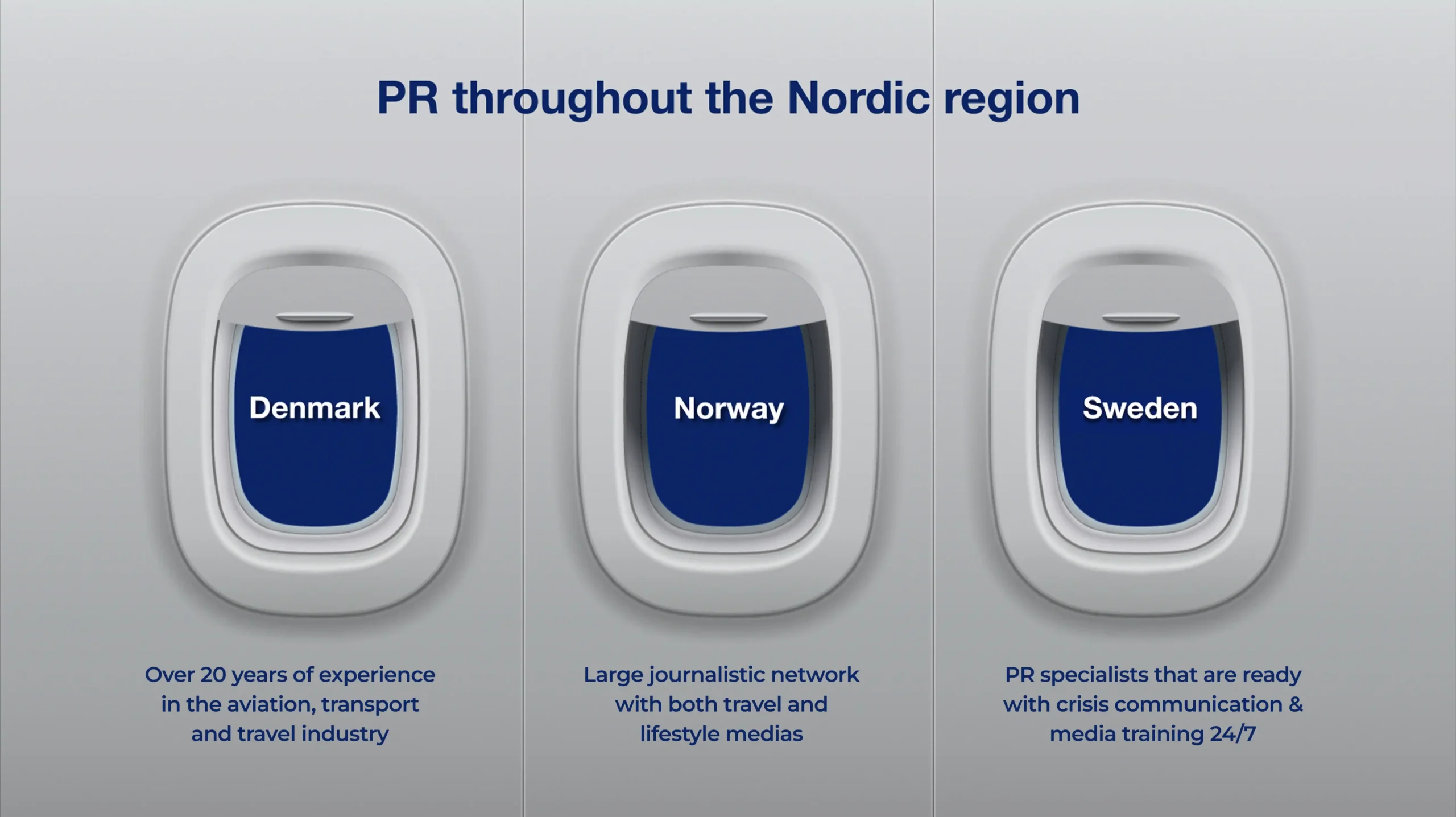 Over 20 years of experience in the aviation, transport and travel industry. Large journalistic network with both travel and lifestyle medias. PR specialists that are ready with crisis communication & media training 24/7.